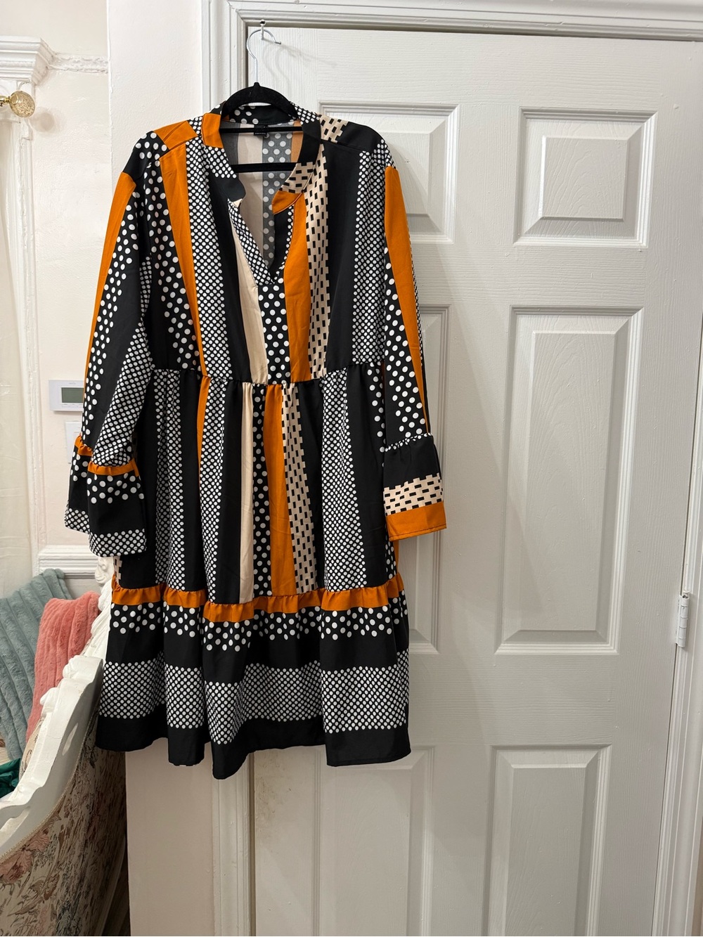 SHEIN Black White Polka Dot Maxi Dress with Orange Trim - Picture 3 of 5